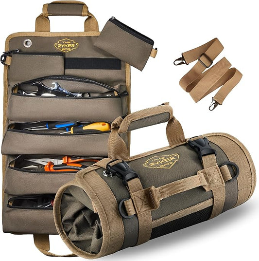 Ryker Heavy Duty Roll Up Tool Bag Organizer w/Detachable Pouches, Khaki | Tool Roll Up Bag Tool Box Organization. Portable Truck & Motorcycle accessories. Rollup Tools Bags for Mechanic & Electrician by TheRykerBag