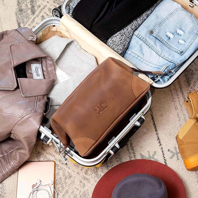 HLC Leather Toiletry Bag for Men Best Gift Premium Genuine Leather Dopp Kit Shaving Kit Organizer Travel Kit Pouch Bag for Men Large Size (TAN) - Image 5