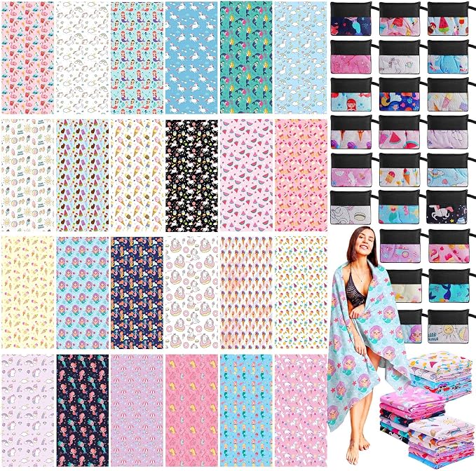 Peryiter 48 Pcs Microfiber Beach Towel with Bags Bulk, 24 Large Quick Dry Pool Towels and 24 Storage Bags, 30 x 60 Inch Ice Cream Mermaid Blanket for Beach Swimming Summer Party Camping Travel Women by Peryiter