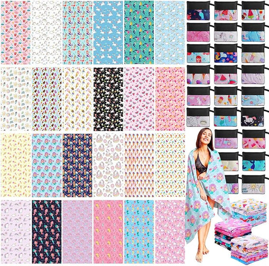 Peryiter 48 Pcs Microfiber Beach Towel with Bags Bulk, 24 Large Quick Dry Pool Towels and 24 Storage Bags, 30 x 60 Inch Ice Cream Mermaid Blanket for Beach Swimming Summer Party Camping Travel Women by Peryiter