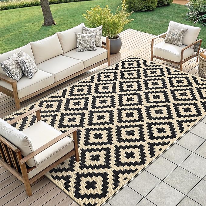 Smiry Waterproof Outdoor Rug 9X18 ft, Reversible Plastic Straw Patio Camping Rugs, Outdoor Indoor RV Mat Carpet for Patio, Outside Entry, Backyard, Deck, Bench, Picnic, Camper, Black & Beige - Image 7