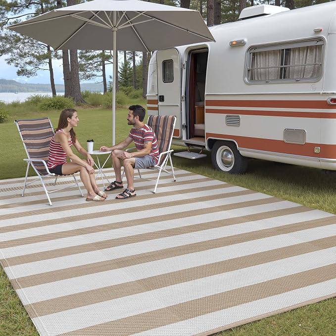 PureCozy Outdoor Waterproof Patio Rug 9x12 Plastic Straw Reversible Lightweight Outside Beige Striped Large Carpet Outdoor for Camping RV Porch Deck Balcony Beach - Image 4