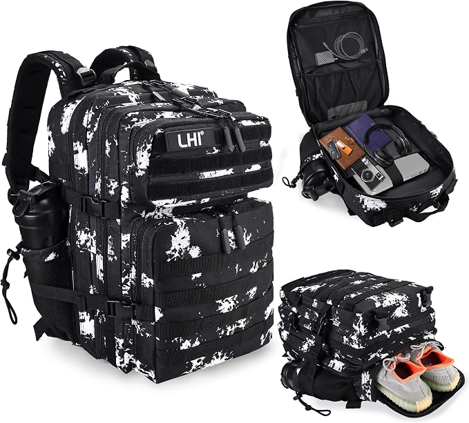 LHI Military Tactical Backpack for Men and Women 45L Army 3 Days Assault Pack Bag Large Rucksack with Shoe Compartment - Black Lightning by LHI