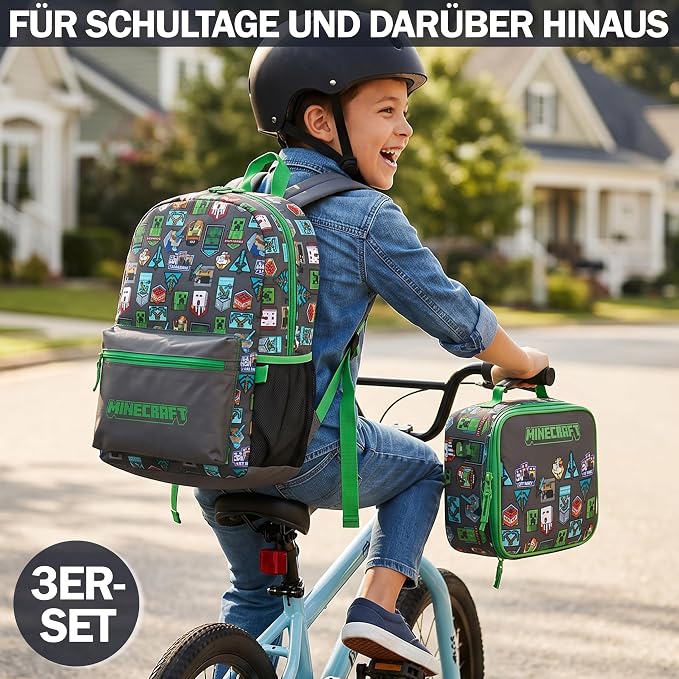 Get Trend Minecraft Kids Backpack Set for Boys with Insulated Lunch Bag & Pencil Case, 3 Pc Book Bag with Padded Straps for School, Travel, Creeper Gamer Gifts for Boys (Grey/Green Minecraft) - Image 5