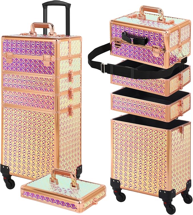Somduy Rolling Makeup Case, Makeup Train Case with Lid, 5 in 1 Cosmetology Case on Wheels, Christmas Gift, Large Makeup Organizers, Profesional Cosmetic Case for Salon Barber, Bright Pink by Somduy