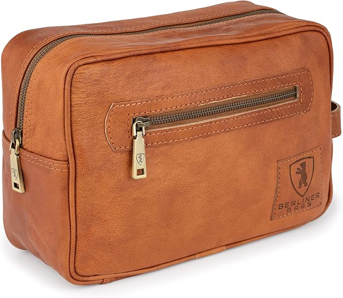 BERLINER BAGS Vintage Genuine Leather Toiletry Bag Paul, Large Capacity Cosmetics Bag for Men and Women for Travel - Brown (1 Compartment) by BERLINERBAGS