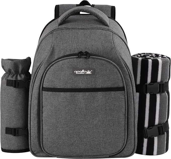 apollo walker Picnic Backpack Bag for 2 Person with Cooler Compartment, Detachable Bottle/Wine Holder, Fleece Blanket, Plates and Cutlery Set (2Person,Grey) - Image 2