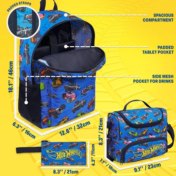 Get Trend Hot Wheels Boys Backpack, Lunch Bag & Pencil Case, 3 Piece Set | 18 inch Bookbag, Adjustable Padded Straps, Insulated Lunch Bag, Zipped Pencil Pouch, School Supplies, Gamer Gifts for Boys - Image 3