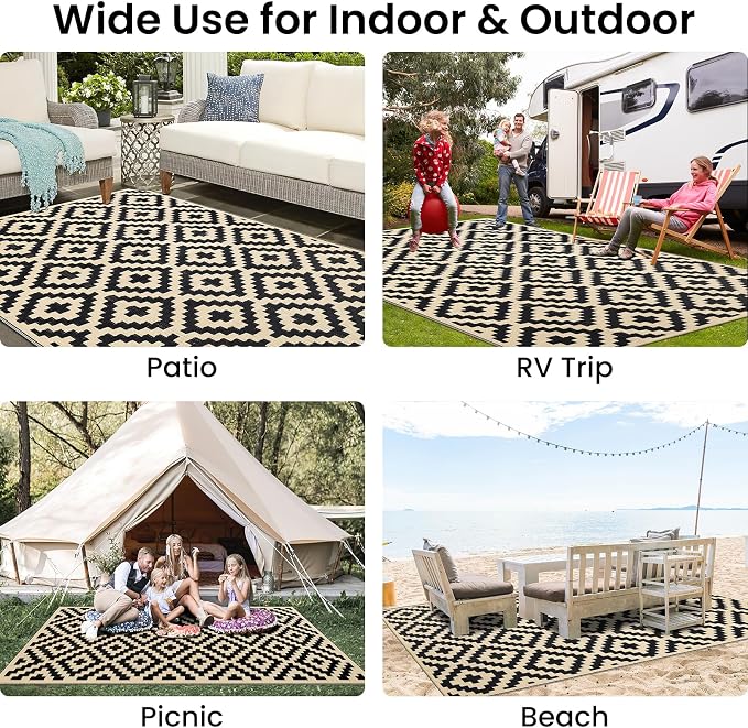 Smiry Waterproof Outdoor Rug 4x6 ft, Reversible Plastic Straw Patio Camping Rugs, Outdoor Indoor RV Mat Carpet for Patio, Outside Entry, Backyard, Deck, Bench, Picnic, Camper, Black & Beige - Image 7