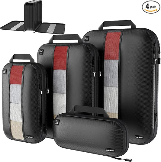 Premium Ultralight Compression Packing Cubes for Travel - Bag Factor Luggage Organizer Set (Double Sided Clean Dirty - Black - 4 Set) by BagFactor