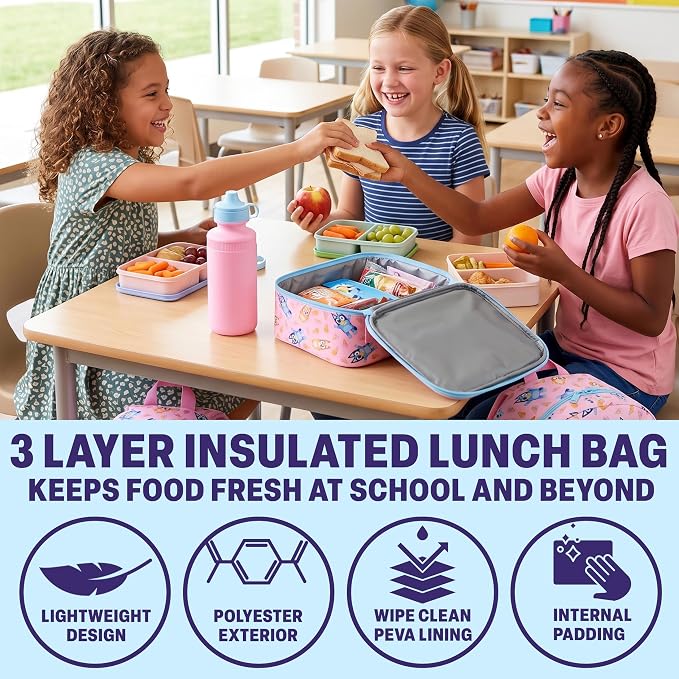 Get Trend Bluey Girls Backpack, Lunch Bag, Pencil Case, Water Bottle | 4 Piece Set, 18 inch Bookbag, Insulated Lunch Bag, Pencil Pouch & 16.9 fl oz BPA-Free Water Bottle, School, Gifts for Girls - Image 4