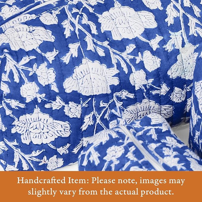 Saffron Marigold Quilted Makeup Bag Set of 3, Hand Block Printed Cotton Cosmetic Bags for Women, Waterproof Lined Travel Toiletry Bag, Coquette Floral Aesthetic, Handmade Gift, Blue Poppy - Image 2
