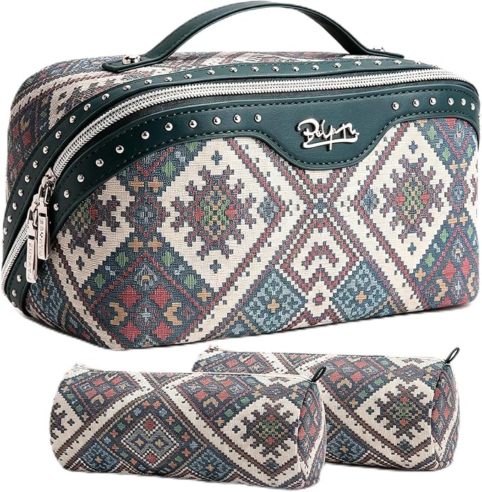 BOYATU Travel Makeup Bags for Women: Western Studded Boho Large Capacity Cosmetic Organizer - Wild, free, Punk Style - 3Pc Waterproof Toiletry Set with Blush Compartment - No Chaos & Easy Clean Blue by BOYATU