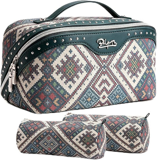 BOYATU Travel Makeup Bags for Women: Western Studded Boho Large Capacity Cosmetic Organizer - Wild, free, Punk Style - 3Pc Waterproof Toiletry Set with Blush Compartment - No Chaos & Easy Clean Blue by BOYATU