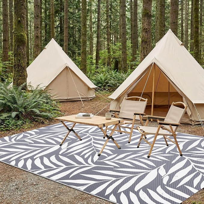Smiry Outdoor Rug 5x8 ft, Waterproof Reversible Plastic Straw Rugs, Outdoor Area Rug with Leaf Pattern, Outside Floor Mat for Patio, Backyard, Deck, Picnic, Beach, Camping, Grey & White - Image 7