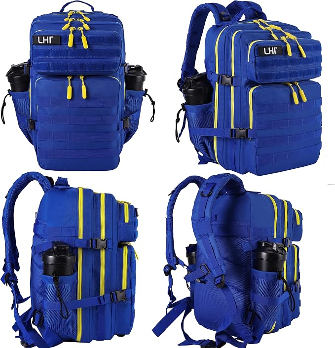 LHI Military Tactical Backpack for Men and Women 45L Army 3 Days Assault Pack Bag Large Rucksack with Molle System - Blue with yellow zipper - Image 2