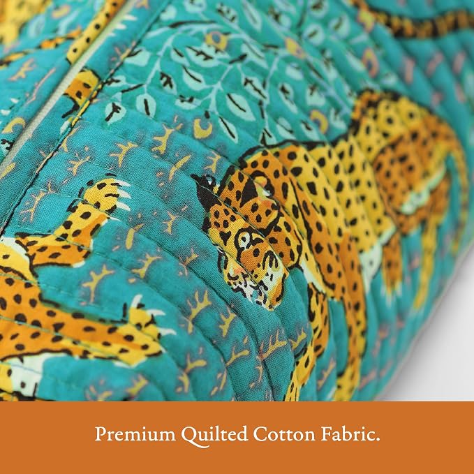 Saffron Marigold Quilted Makeup Bag Set of 3, Hand Block Printed Cotton Cosmetic Bags for Women, Waterproof Lined Travel Toiletry Bag, Coquette Aesthetic, Handmade Gift, Turquoise Cheetah Trails - Image 6