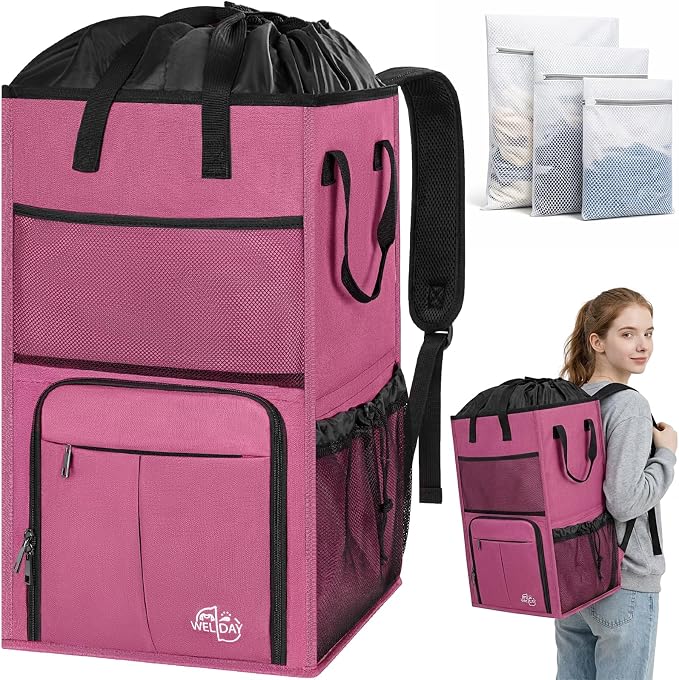 170L Laundry Backpack Bag with 3 Sizes Mesh Wash Bags Empty, Extra Large 2 in 1 Laundry Hamper Basket with Shoulder Straps, Freestanding Laundry Bag for College Dorm, Laundromat, Apartment (Pink) by WELIDAY