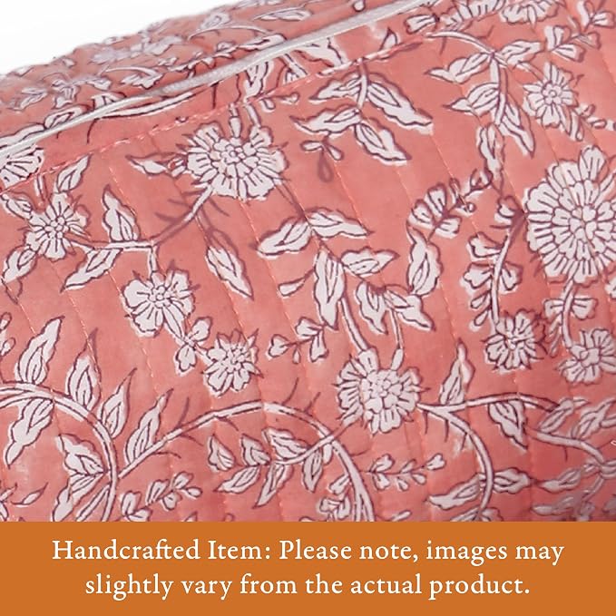 Saffron Marigold Quilted Makeup Bag Set of 3, Hand Block Printed Cotton Cosmetic Bags for Women, Waterproof Lined Travel Toiletry Bag, Coquette Floral Aesthetic, Handmade Gift, Coral Flowers - Image 2