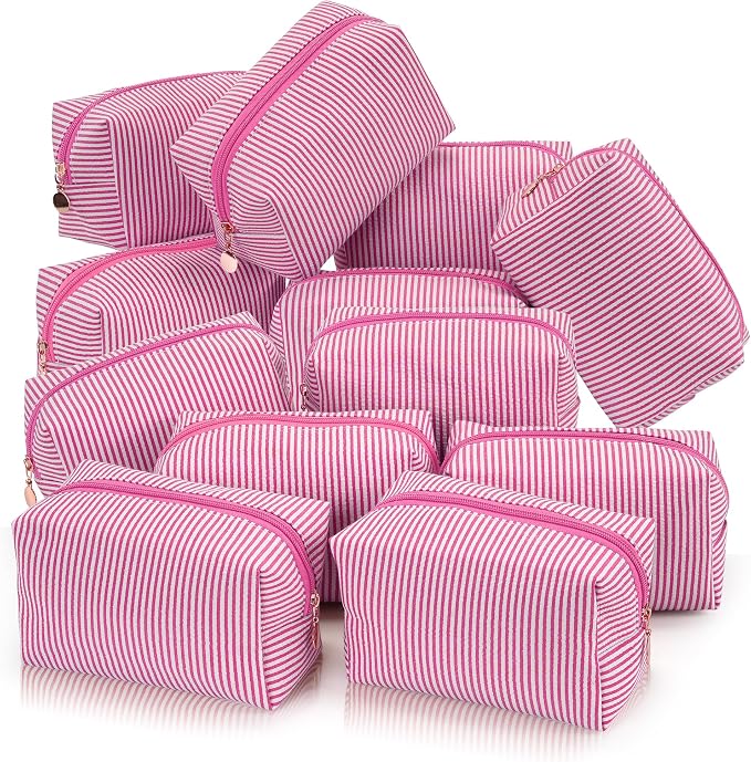 Makeup Bag Set for Women, 12PCS Travel Cosmetic Bags Pencil Case, Striped Seersucker Toiletry Organizer Pouches, Cute Makeup Pouch for Purse, Accessories and Gifts, Rose Red by Unknown