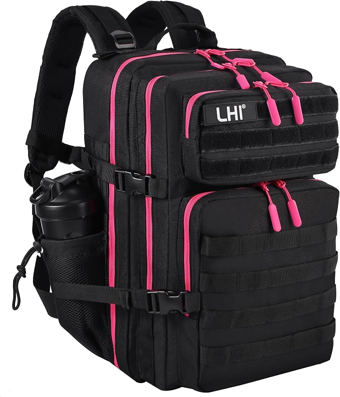 LHI Military Tactical Backpack for Men and Women 45L Army 3 Days Assault Pack Bag Large Rucksack with Molle System - Black with red zipper by LHI