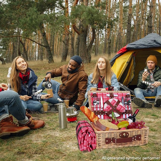 Picnic Baskets Wicker Willow Picnic Set for 4 Persons with Insulated Cooler Bag and Waterproof Pink Plaid Picnic Blanket Gift for Christmas Thanksgiving Wedding Birthday Camp Outdoor Beach Travel - Image 9