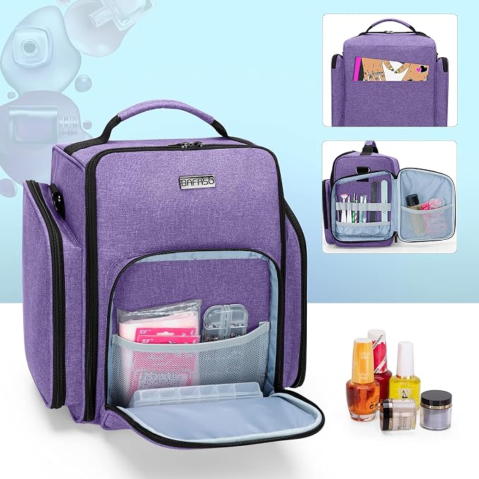 BAFASO Nail Polish Organizer Holds 72 Bottles (15ml - 0.5 fl.oz), Purple | Large Nail Polish Case with 3 Removable Pouches and Multiple Storage Sections, Patented Design. - Image 3