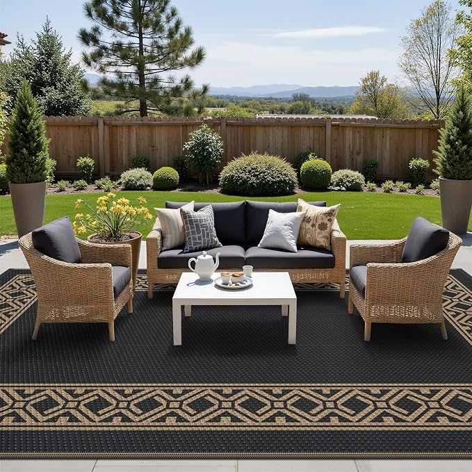GENIMO Outdoor Rug, Waterproof Plastic Rugs for Patio, 6'x9' Blcak Brown | Outside Larger Modern Carpet Mat for Porch Decor, Deck, Balcony, Camping, RV, Backyard, Picnic, Beach, Reversible - Image 2