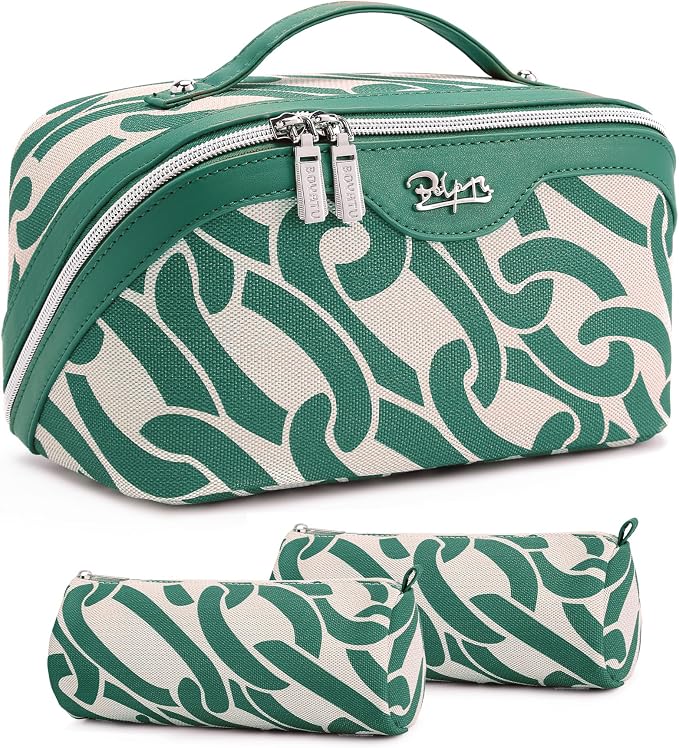 BOYATU Travel Makeup Bag for Women: Large Capacity 3-Piece Cosmetic & Toiletry Organizer - Expands Storage by 50% with 2 Detachable Pouches,Opens Flat for Easy Packing,Waterproof PU Leather(Green) by BOYATU