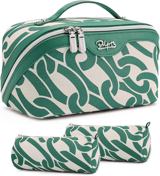 BOYATU Travel Makeup Bag for Women: Large Capacity 3-Piece Cosmetic & Toiletry Organizer - Expands Storage by 50% with 2 Detachable Pouches,Opens Flat for Easy Packing,Waterproof PU Leather(Green) by BOYATU