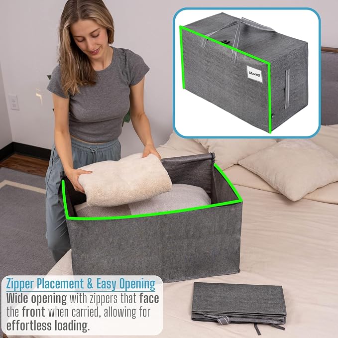 VENO 10 Pack Extra Large Heavy Duty Moving Bags with Wide Opening & Reinforced Handles, Reusable Storage Tote Bags with Strong Zippers for Clothes, College Dorm Essentials & Moving Supplies - Image 2