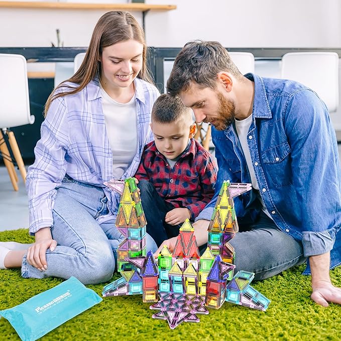 PicassoTiles 65pc Nano Magnetic Tile Travel Size Mini Portable Toy Construction Building Blocks Playset with Storage Bag Pouch STEM Montessori Classroom Magnet Tiles Stacking Toys for Kids Age 3+ PN03