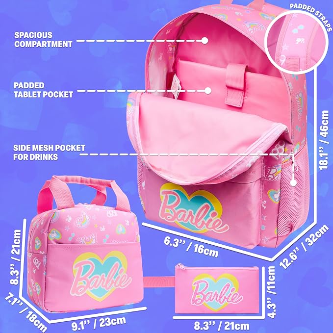 Get Trend Barbie Girls Backpack, Lunch Bag & Pencil Case, 3-Piece Set | 18 inch Kids Bookbag, Adjustable Padded Straps, Insulated Lunch Bag, Zipped Pencil Pouch, School Supplies, Gifts for Girls - Image 3