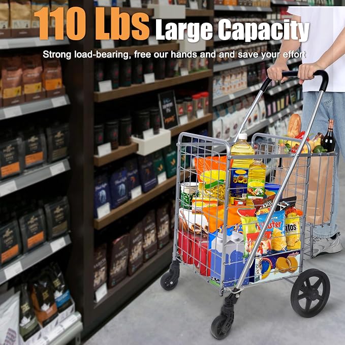 Whitmor Utility Folding Shopping Cart, 115L Heavy Duty Grocery Cart with Double Basket, 360° Swivel Wheels, Foldable Rolling Utility Trolley, 110 Lbs Capacity for Grocery, Laundry, Travel, Sliver - Image 4