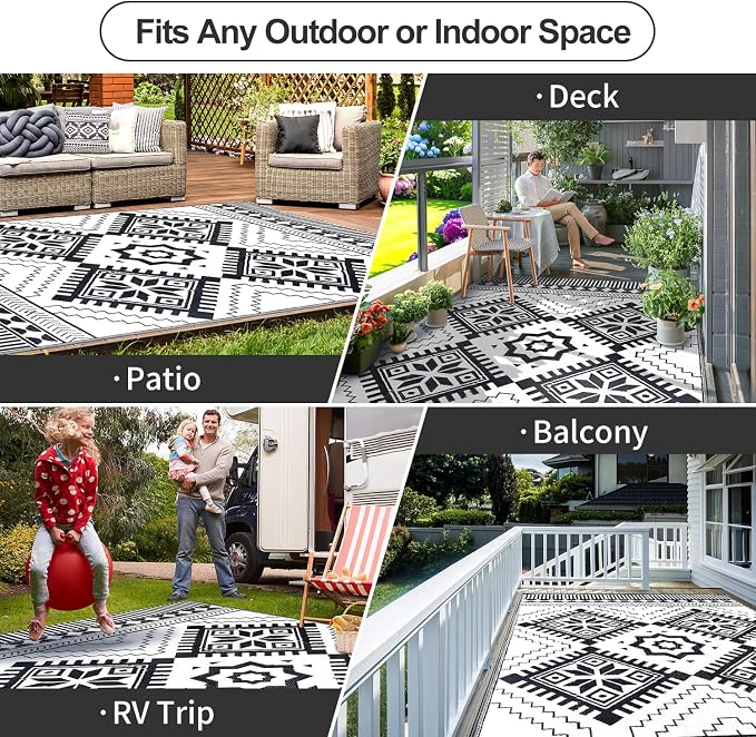 Waterproof Outdoor Rug 5x8ft, Boho Reversible Plastic Straw Mat for Patio RV Deck Porch Backyard Balcony Camping Picnic Beach Indoor Outdoor Carpet, Black&White - Image 4