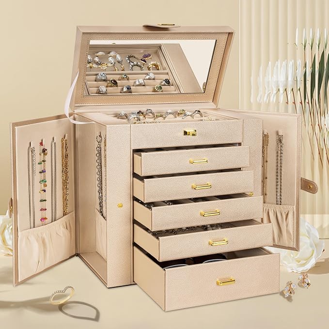 AKOZLIN 6-Tier Jewelry Box Organizer Functional 5 Drawers Leather Jewelry Storage Case for Women Girls Ring Necklace Earring Bracelet Holder Organizer with Mirror Extra Large Champagne - Image 8