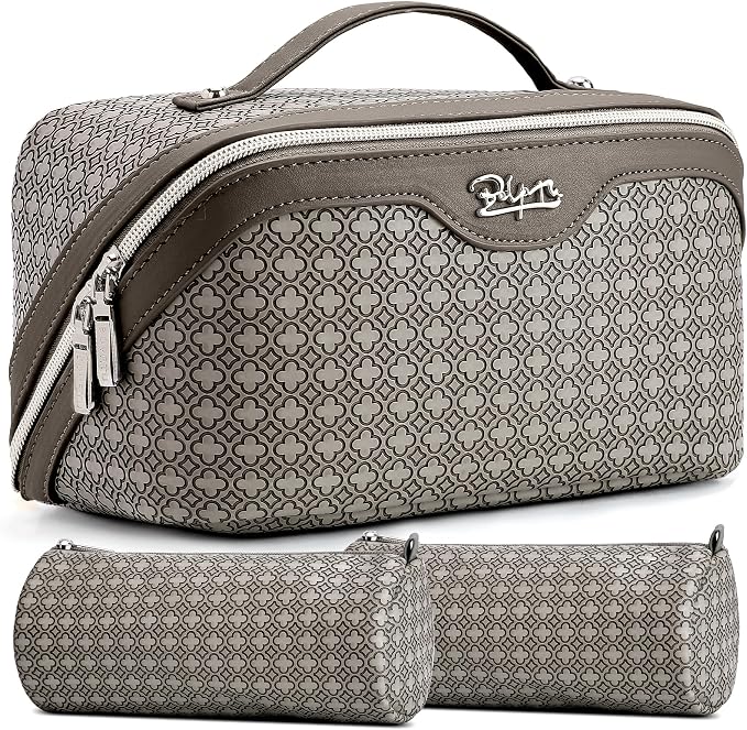 BOYATU Travel Makeup Bag for Women: Four Leaf Clover Large Capacity 3 Pcs Set Cosmetic Bags - Waterproof 50% Extra Space for Toiletry Organizer - Travel Essentials for Fortunate (07 Khaki) by BOYATU