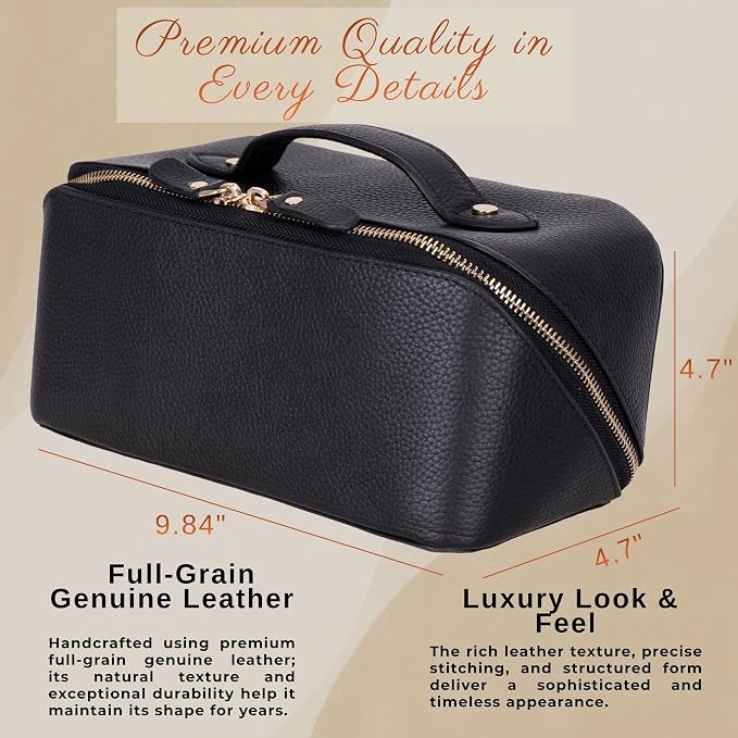 VENOULT Makeup Bag, Spacious Cosmetic Case for Women, Portable 180° Wide-Open Flat Cosmetic Bag, Travel Toiletry Organizer with Handle, Hanmdade, Full Grain Genuine Turkish Leather (Gravel Black) - Image 3