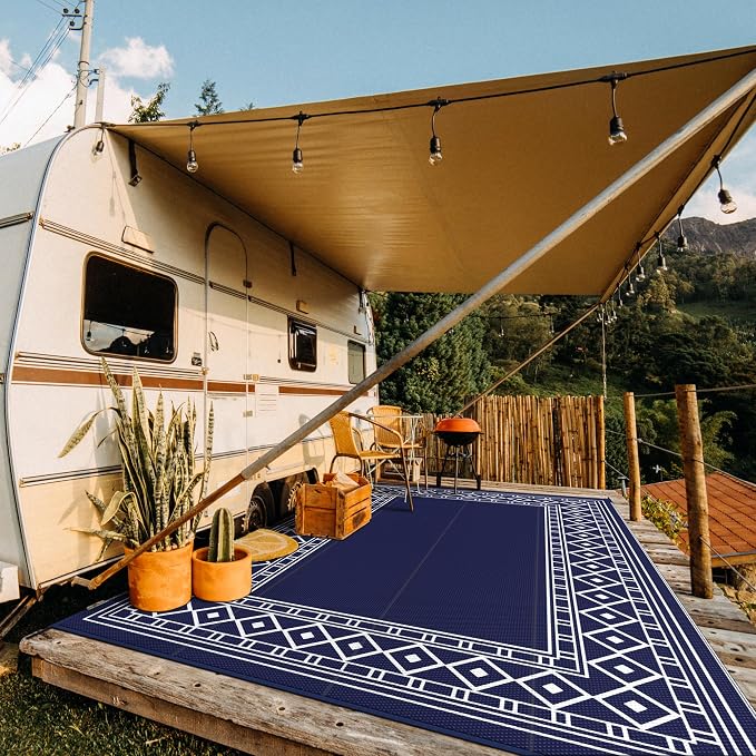 GENIMO Outdoor Rug, Waterproof Plastic Rugs 10'x14' for Camping Blue White | Outside Larger Modern Carpet Mat for Porch Decor, Deck, Balcony, Camping, RV, Backyard, Picnic, Beach, Reversible - Image 2
