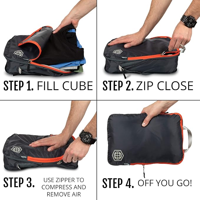 Compression Packing Cubes for Travel, 3-Piece Lightweight Packing Cubes Set for Carry-On Luggage & Backpacks – TRIPPED Travel Gear (Grey and Orange) - Image 8