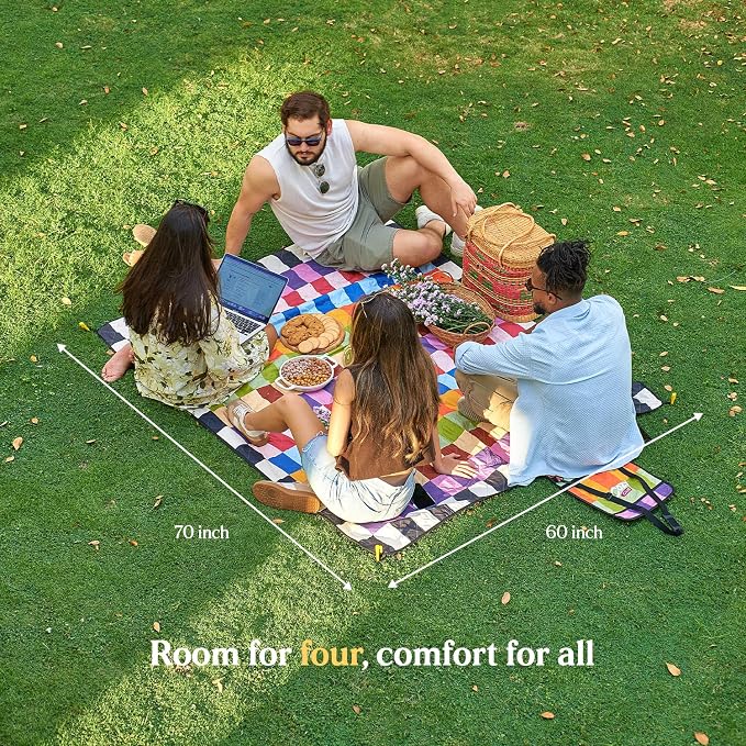 Cozy Club Waterproof Picnic Blanket – Foldable Outdoor Mat 60x70 with Stakes, Pocket & Shoulder Strap | Sandproof Beach Blanket for Festivals, Camping & Travel | Self-Packing | Multicolor | US Brand - Image 3