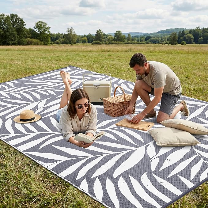 Smiry Outdoor Rug 8x10 ft, Waterproof Reversible Plastic Straw Rugs, Outdoor Area Rug with Leaf Pattern, Outside Floor Mat for Patio, Backyard, Deck, Picnic, Beach, Camping, Grey & White - Image 4