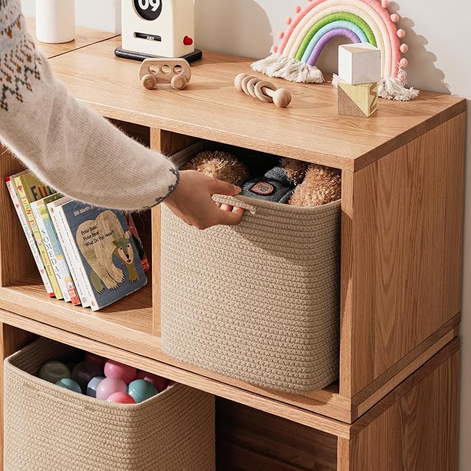 joybest 11inch Cube Storage Bins Set of 4, Cotton Rope Woven Organizer Basket for Shelves, Cube Bin Square Shelves Organizer Closet Storage, Nursery, Toy Organization, Brown - Image 5