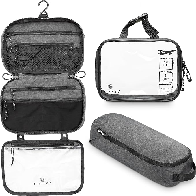 Toiletry Bag Kit 3 Piece Set: Hanging Travel Toiletry Bag + 311 TSA Cosmetic Liquid Bag + Accessory Organizer Pouch by TRIPPEDTravelGear