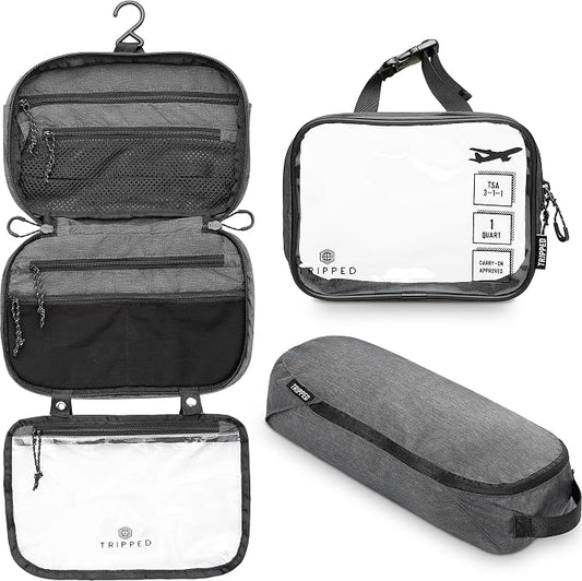 Toiletry Bag Kit 3 Piece Set: Hanging Travel Toiletry Bag + 311 TSA Cosmetic Liquid Bag + Accessory Organizer Pouch by TRIPPEDTravelGear