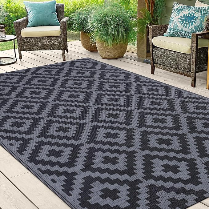 Smiry Waterproof Outdoor Rug 5x8ft, Reversible Plastic Straw Patio Camping Rugs, Outdoor Indoor RV Mat Carpet for Patio, Outside Entry, Backyard, Deck, Bench, Picnic, Camper, Black & Grey - Image 6