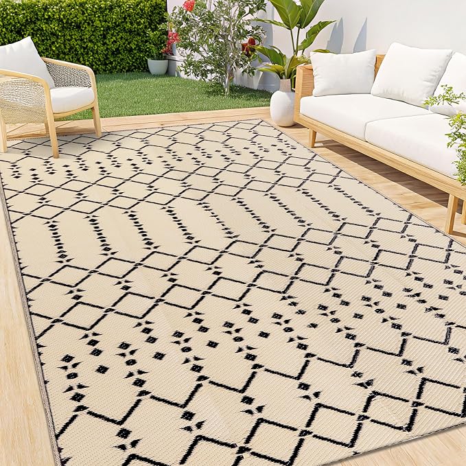 Smiry Outdoor Rug 8x10 ft, Waterproof Reversible Plastic Straw Rugs, Boho Outdoor Area Rug, Outside Floor Mat for Patio, Backyard, Deck, Picnic, Beach, Camping, Beige by Smiry