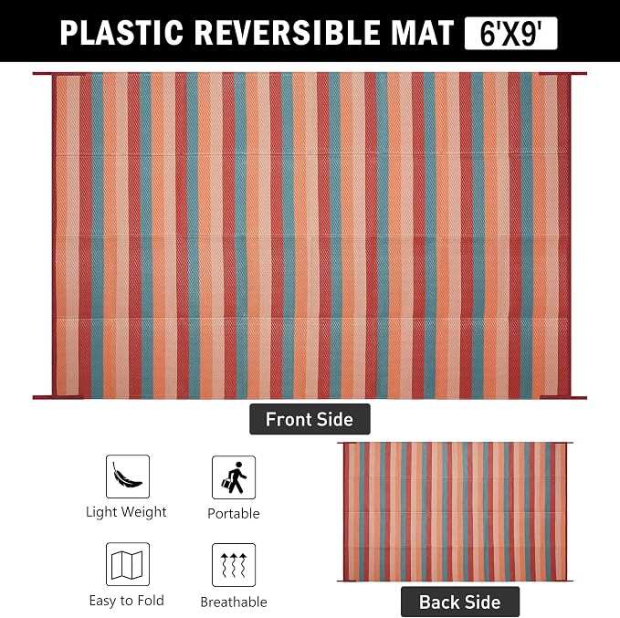 PureCozy Outdoor Waterproof Patio Rug 6x9 Plastic Straw Reversible Outside Orange Red Colorful Striped Carpet Lightweight Large Rug for Camping RV Porch Deck Balcony Beach - Image 6