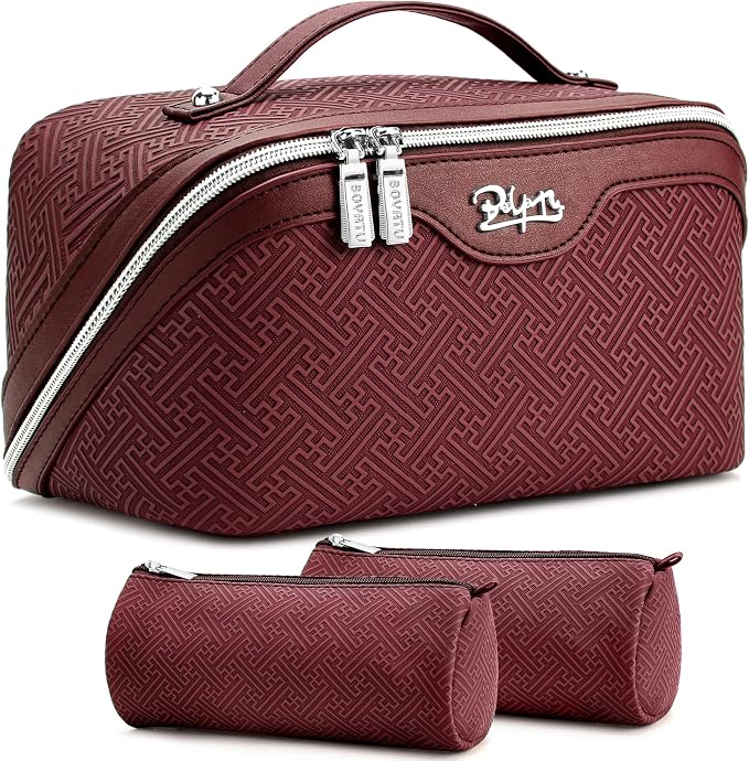 BOYATU Travel Makeup Bags for Women: Vintage Roman Column Texture | Each Journey, Quiet Luxury Serenity - 3 Pcs Set Large Capacity Cosmetic Bag Organizer Toiletry Purse(Burgundy) by BOYATU