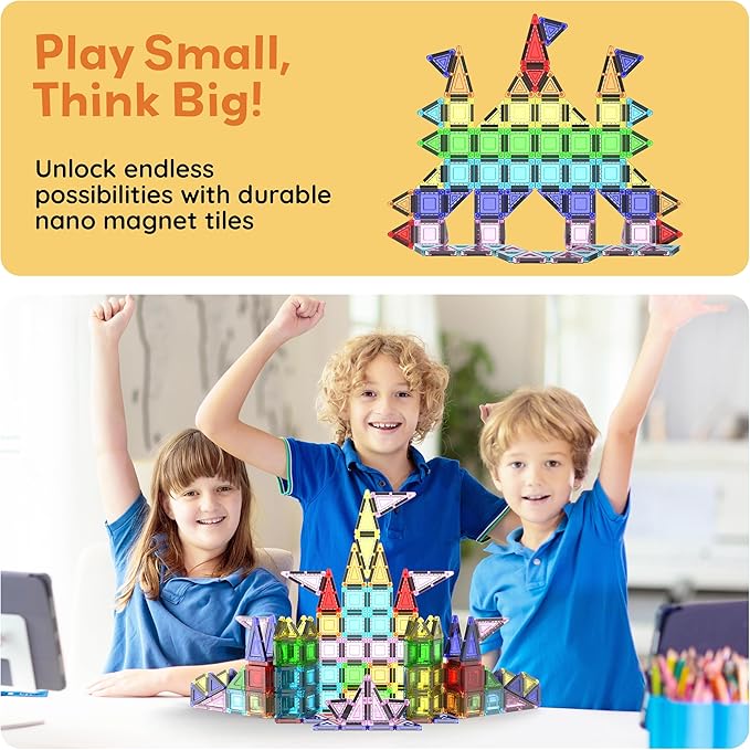 PicassoTiles 65pc Nano Magnetic Tile Travel Size Mini Portable Toy Construction Building Blocks Playset with Storage Bag Pouch STEM Montessori Classroom Magnet Tiles Stacking Toys for Kids Age 3+ PN03